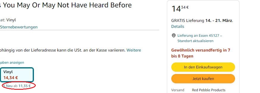 Ausschnitt von Amazon mit Buy Box (rechts) und einem kleinen Marketplace-Hinweis.