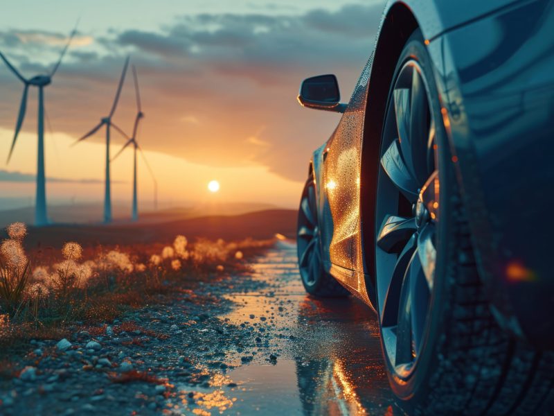 Elektroauto auf einer Landstraße mit Windrädern