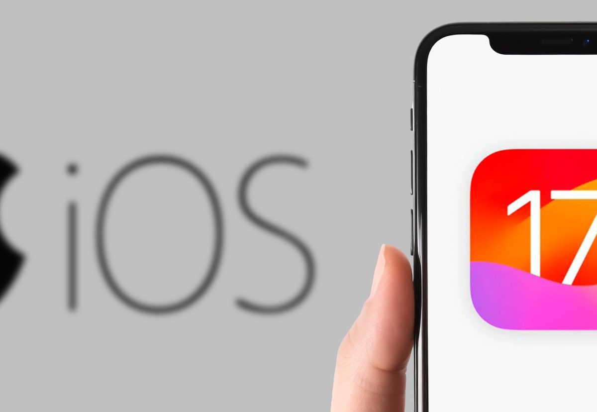 iPhone-Bildschirm zeigt iOS 17-Logo vor grauem Hintergrund mit Apple-Logo.