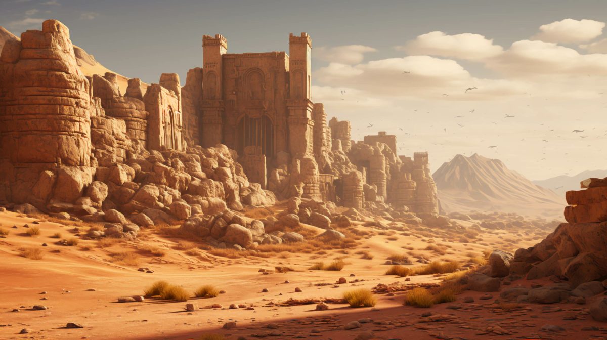 KI-generiertes Bild einer Ruine in der Wüste