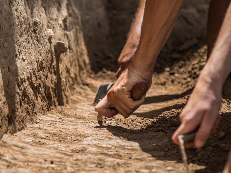 Hände graben mit Werkzeugen an einem archäologischen Fund.