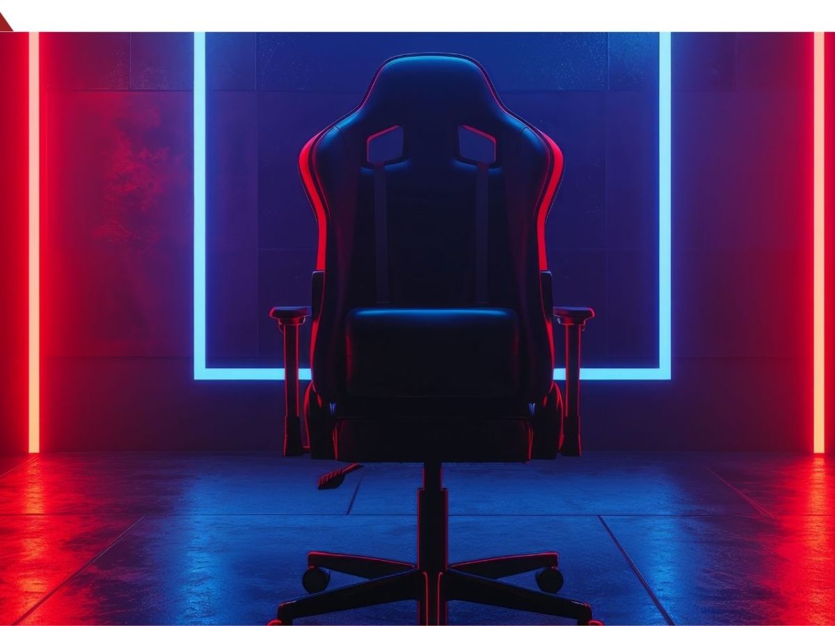 Gaming-Stuhl vor einem bunten Hintergrund