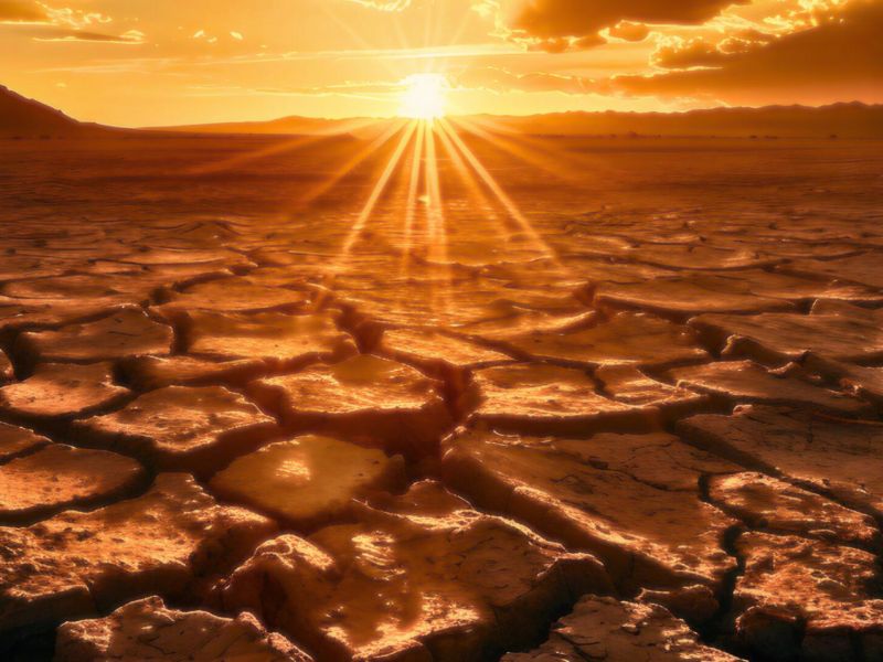 Sonne strahlt auf vertrockneten Boden – Klimawandel-Symbolbild