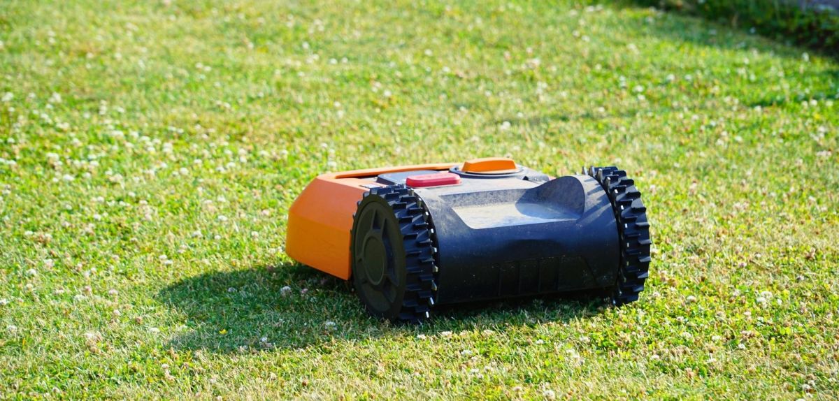 Mähroboter fährt unbeaufsichtigt durch den Garten.