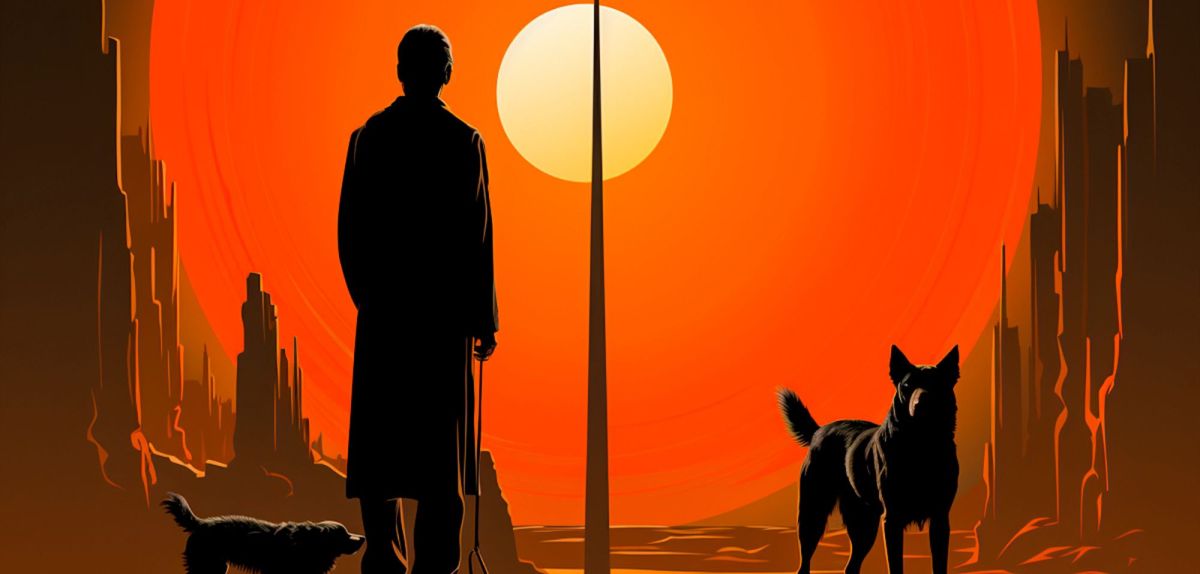 Illustration eines Mannes mit zwei Hunden vor einem Sonnenuntergang
