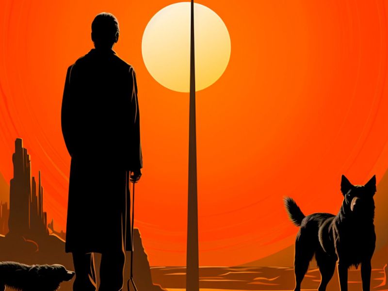 Illustration eines Mannes mit zwei Hunden vor einem Sonnenuntergang