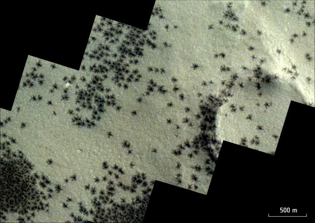 Vom Trace Gas Orbiter aufgenommene „Spinnen“ auf der Marsoberfläche.