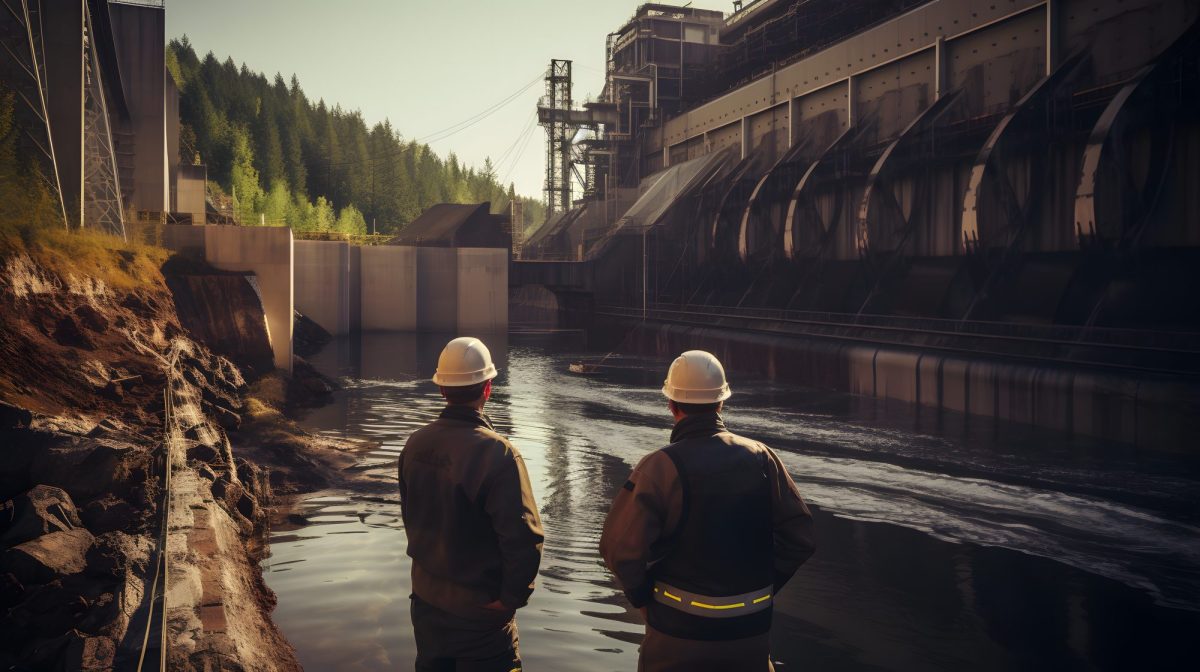 Zwei Personen stehen vor einem Wasserkraftwerk