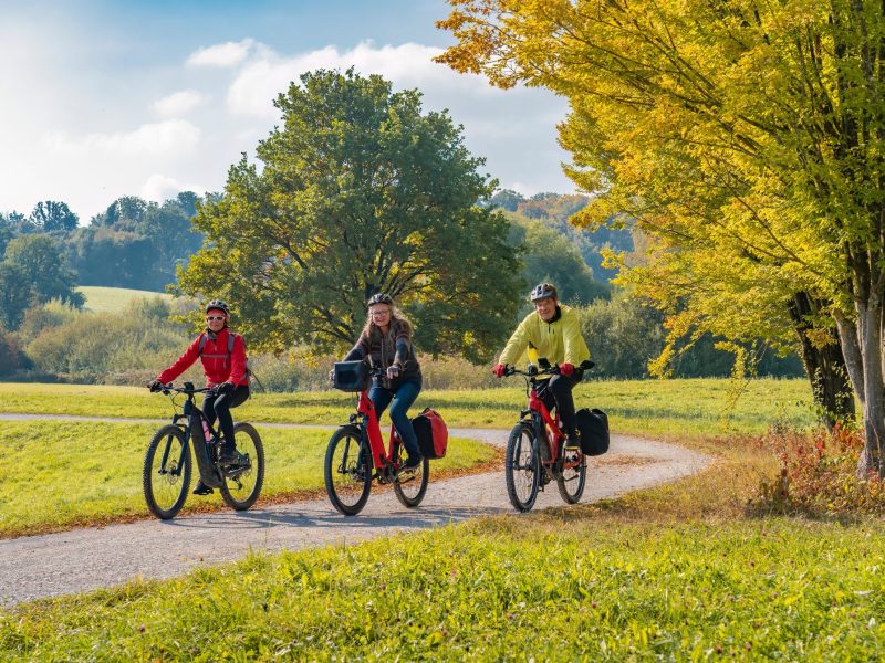 Drei Personen fahren auf E-Bikes.