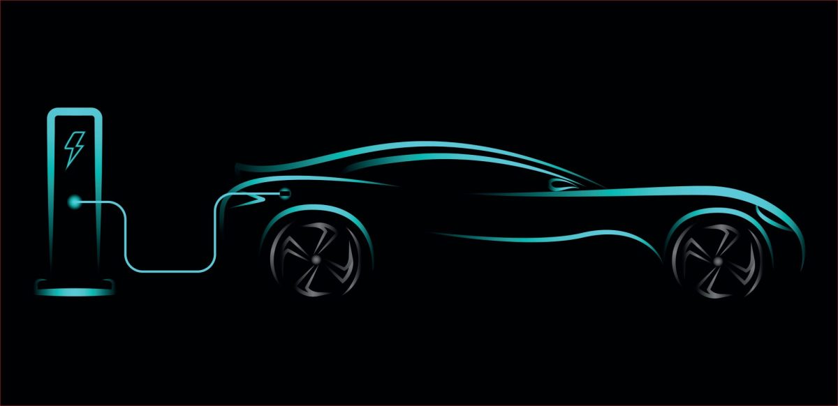 Umrisse eines Elektroautos mit Ladesäule
