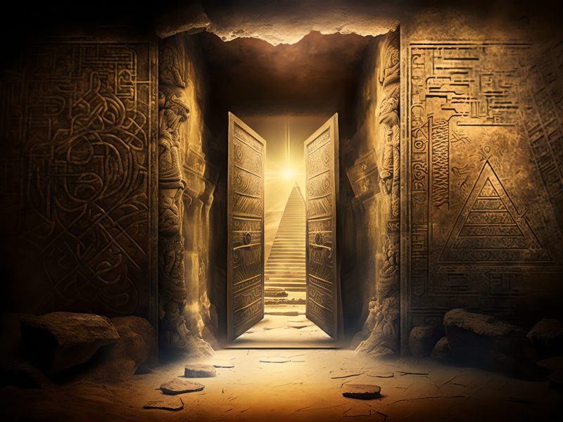 Animationen einer Tür in einem alten ägyptischen Grab, die ins Jenseits führt.