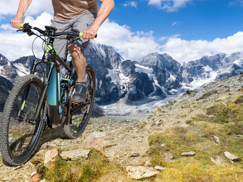 E-Bike mit einem Handyhalter am Lenkrad auf einer Bergtour.