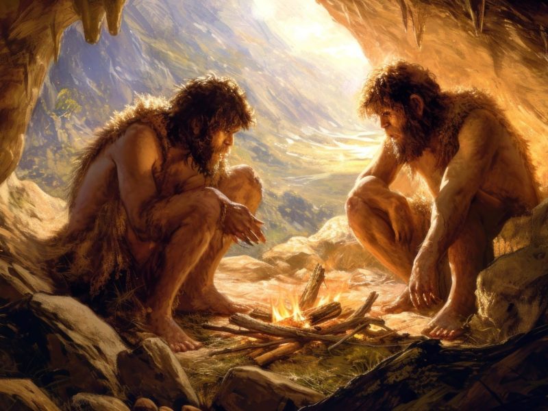 Zwei Steinzeitmenschen sitzen in einer Höhle um ein Feuer.