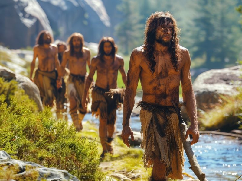 Vier Männer in steinzeitlicher Aufmachung laufen an einem Flusstal entlang.