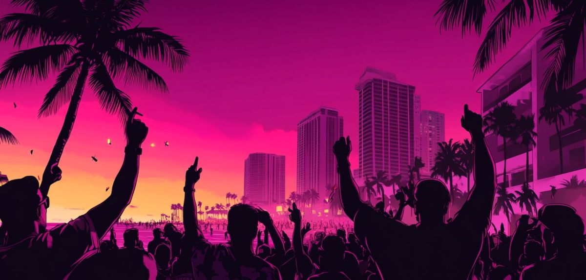 Eine Menschenmenge feiert am Strand von Miami im Stil von 