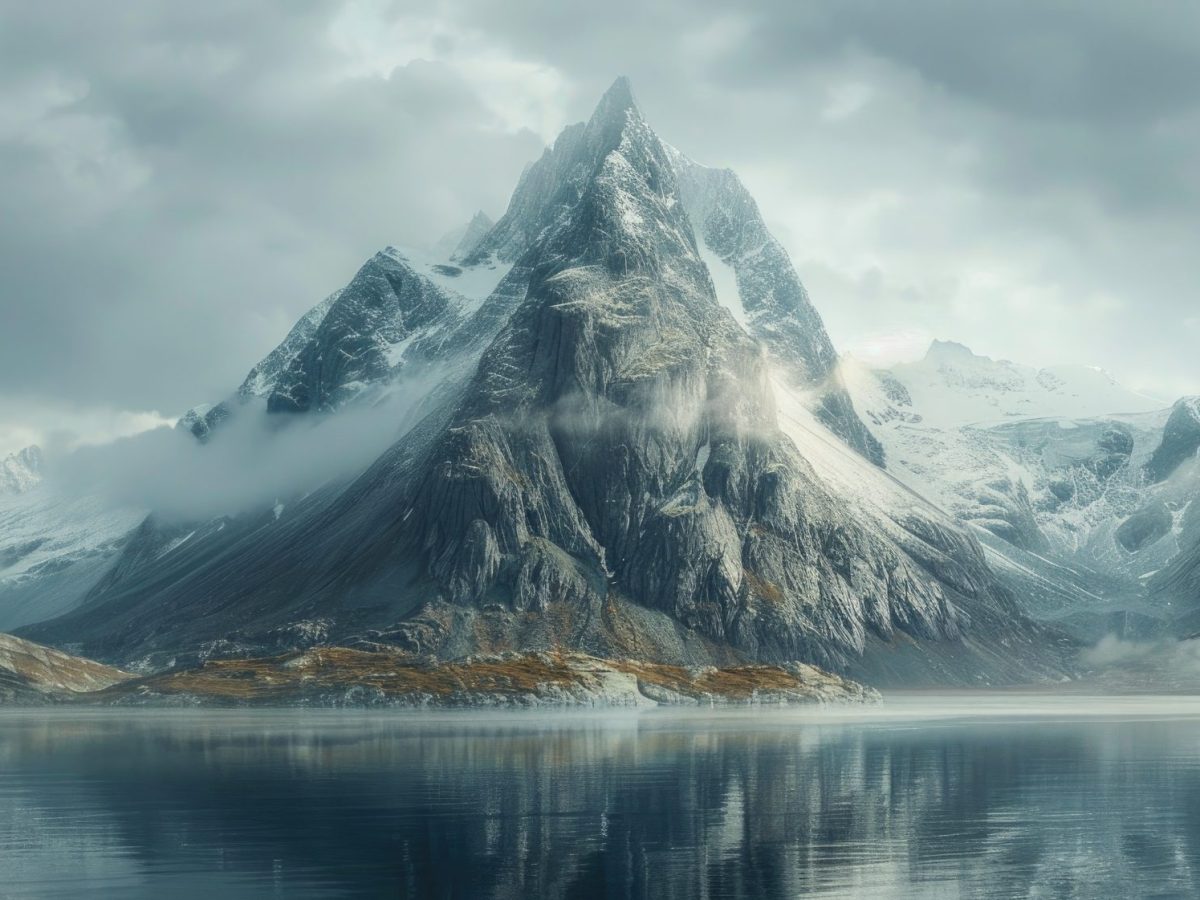 KI-generiertes Bild eines schneebedeckten Berges in nebeliger Landschaft.