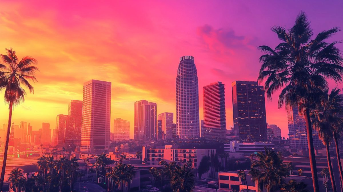 Eine Illustration der fiktiven Stadt Vice City aus dem Spiel 