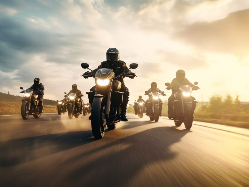 KI-generiertes Bild einer Gruppe von Personen auf Motorrädern, die auf einer Straße fahren.