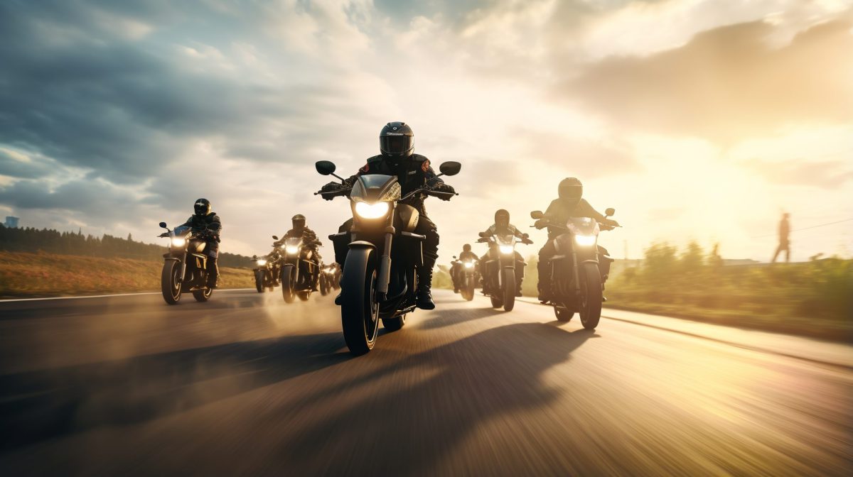 KI-generiertes Bild einer Gruppe von Personen auf MotorrÃ¤dern, die auf einer StraÃŸe fahren.