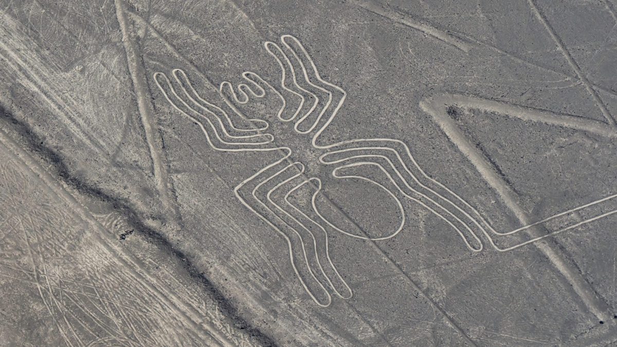 Nazca-Linien-Bild im WÃ¼stenboden von Peru. Es hat die Form einer Spinne.