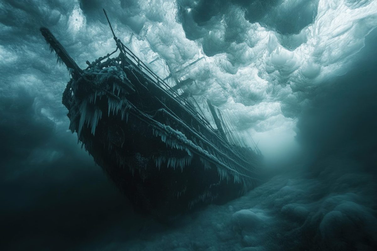 KI-generiertes Bild eines Schiffes in stürmischer See, das von Eis überzogen ist.