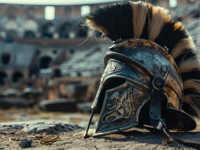 KI-generietes Bild eines Helms römischer Legionäre, der in einer Ruine liegt.
