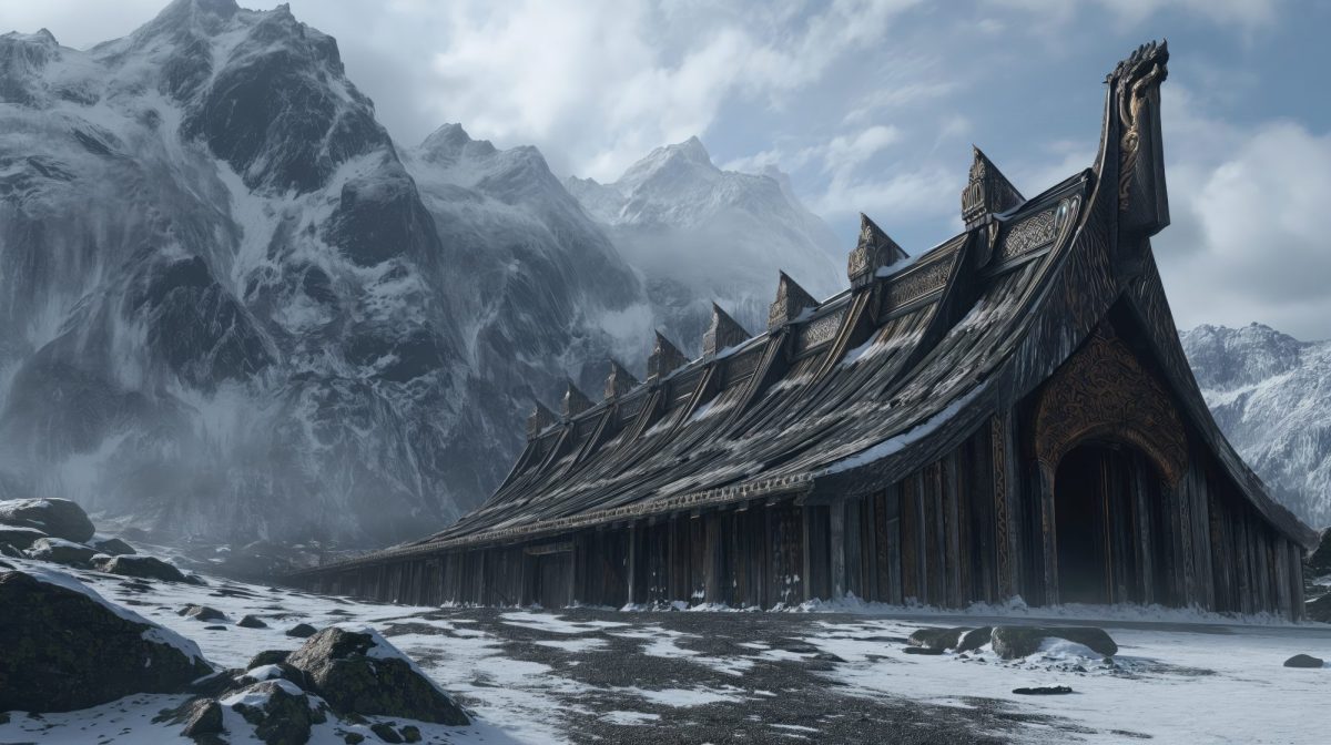KI-generiertes Bild einer typischen Holzhütte der Wikinger in einer eisigen Landschaft.