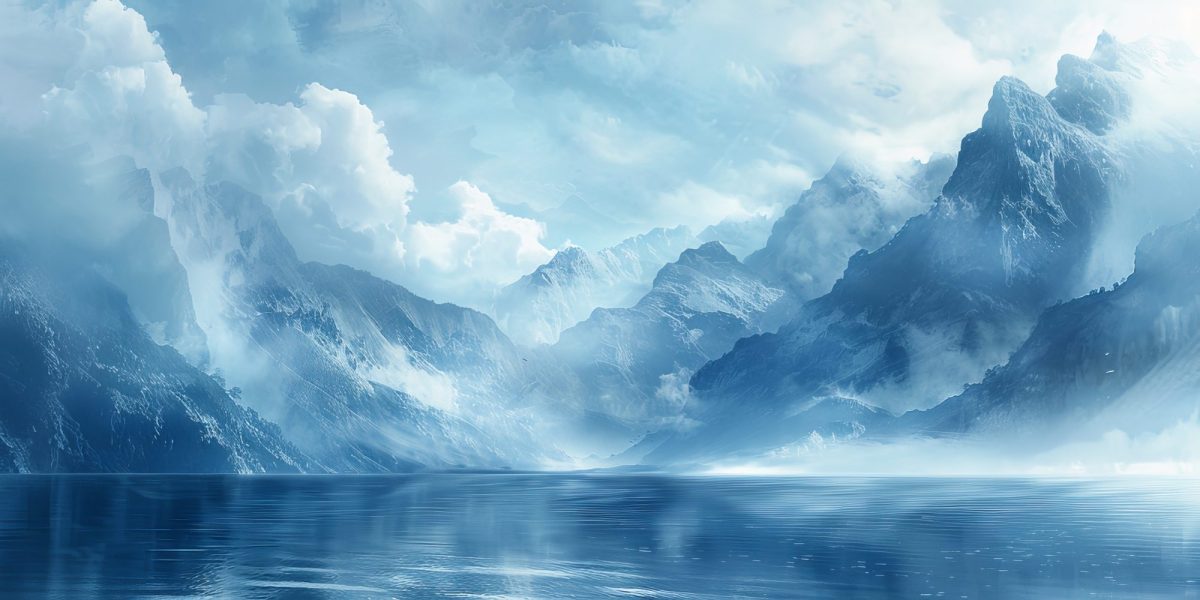 KI-generiertes Bild einer eisigen Landschaft, die von Wolken bedeckt ist.