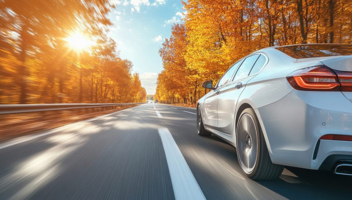 KI-generiertes Bild eines Autos auf einer StraÃŸe, die von BÃ¤umen mit Herbstlaub umgeben ist.
