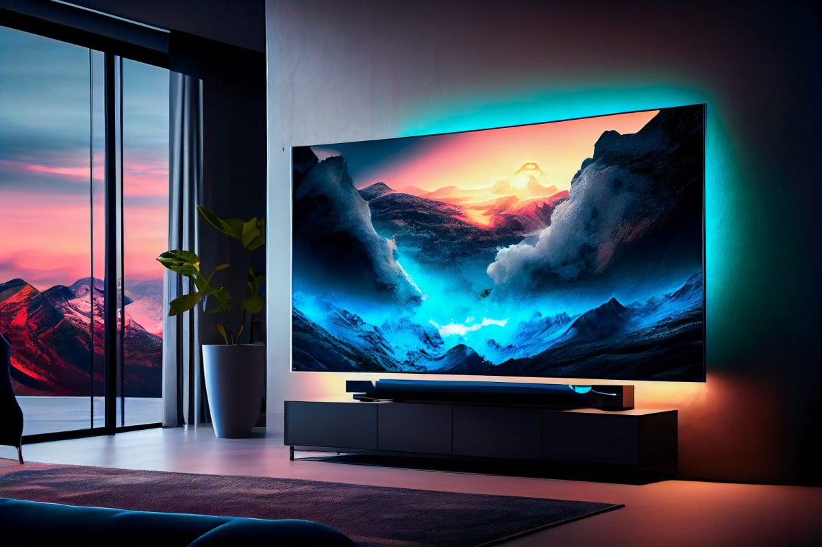 KI-Bild eines Plasma-Fernsehers auf einem Möbelstück.