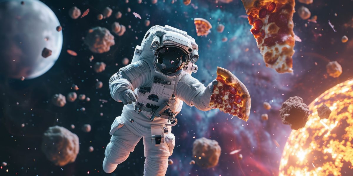 KI-generiertes Bild von einer*einem Astronaut*in im Weltall mit einem StÃ¼ck Pizza in der Hand.