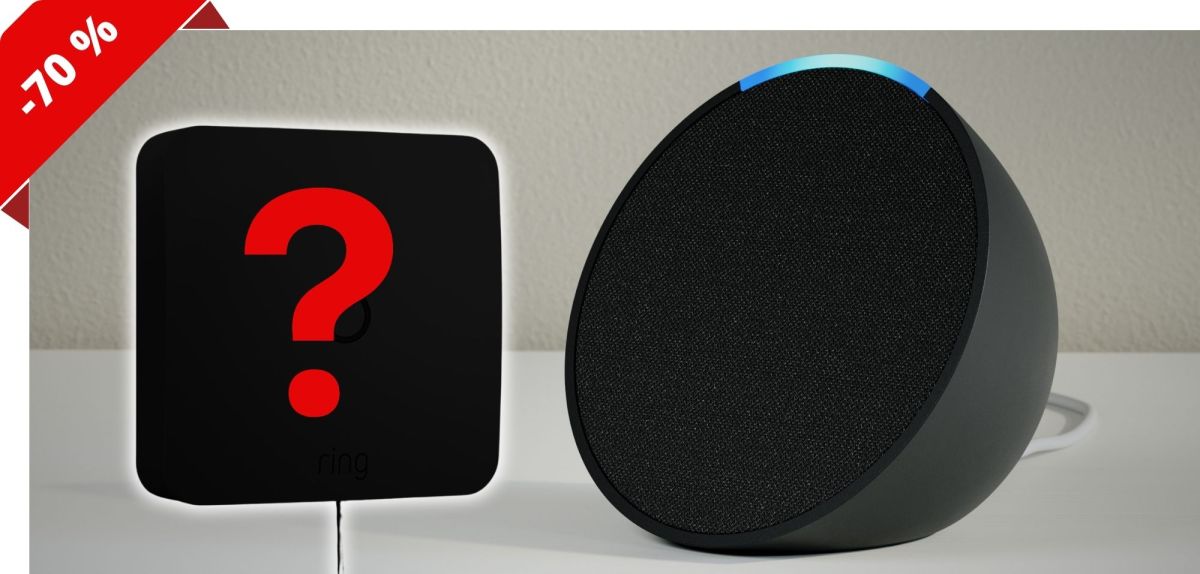 Amazon Echo Pop neben einem geschwärzten Produkt