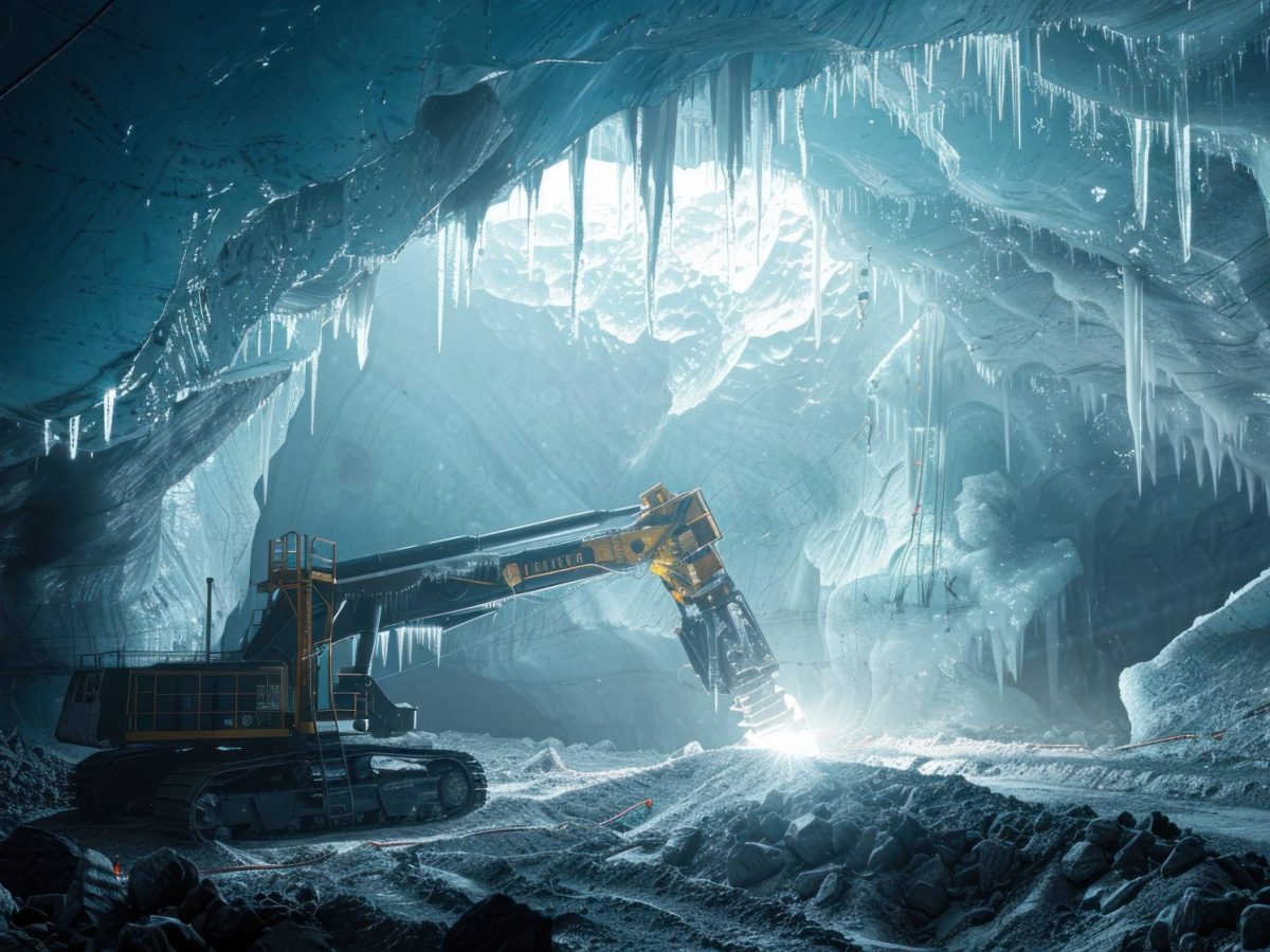 KI-generiertes Bild eines Baustellenfahrzeuges in einer Eis-Höhle.