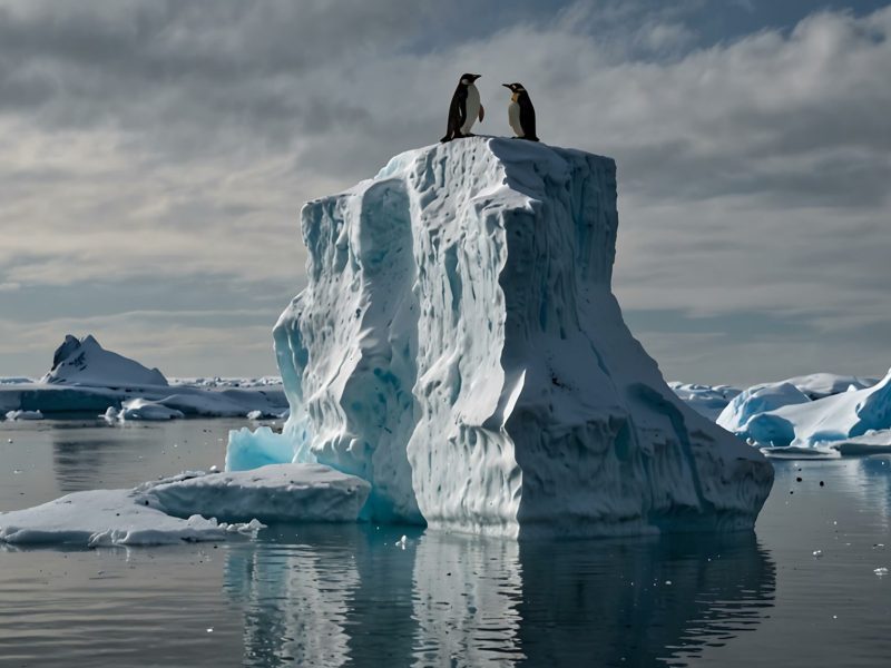 KI-generiertes Bild von zwei Pinguinen, die auf einem Stück Eis im Meer stehen.