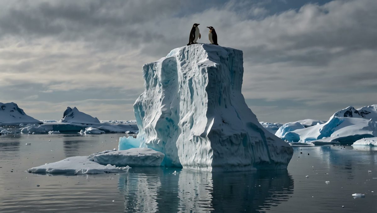 KI-generiertes Bild von zwei Pinguinen, die auf einem StÃ¼ck Eis im Meer stehen.