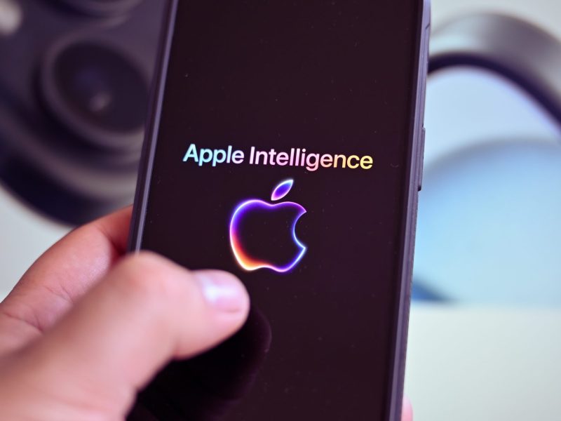 Eine Person hält ein Handy in der Hand. Auf dem Display wird das Logo von Apple Intelligence angezeigt.