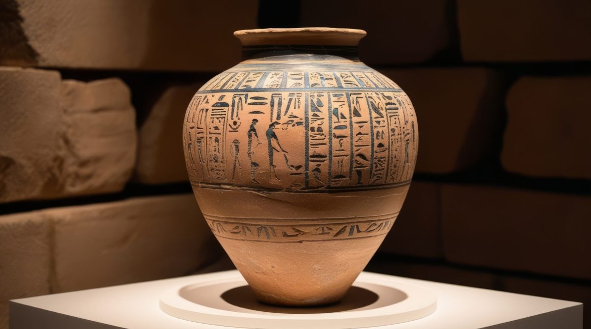KI-generiertes Bild einer Vase mit Hieroglyphen