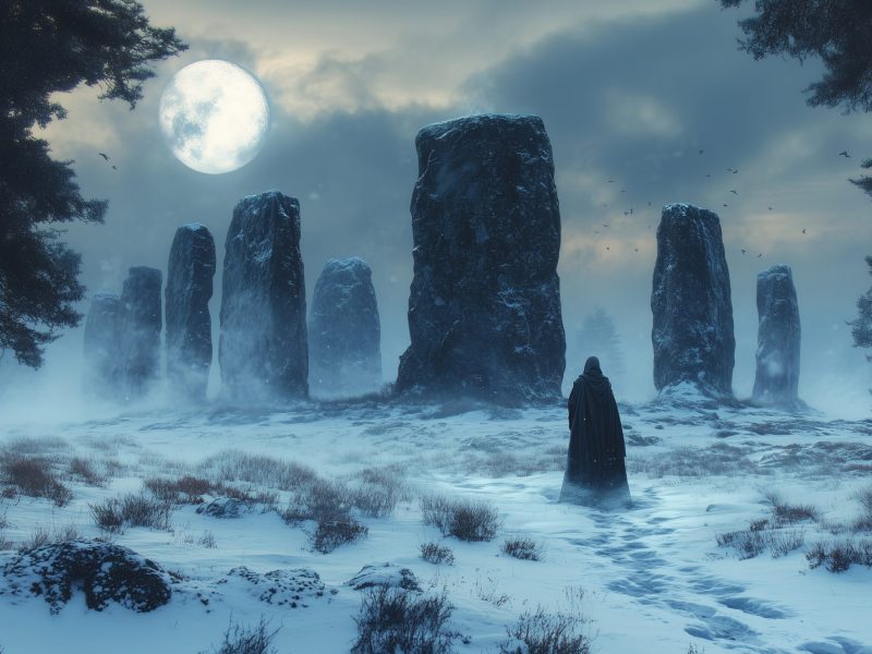 KI-generiertes Bild von senkrecht aufgestellten großen Steine in einer Winterlandschaft. Eine Person mit schwarzem Umhang bewegt sich darauf zu.