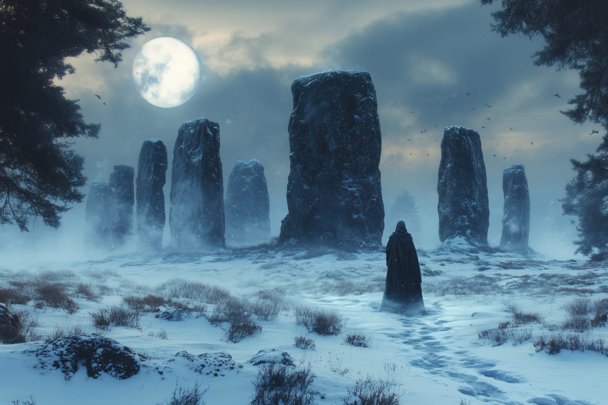 KI-generiertes Bild von senkrecht aufgestellten großen Steine in einer Winterlandschaft. Eine Person mit schwarzem Umhang bewegt sich darauf zu.