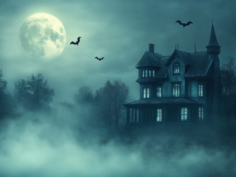 KI-generiertes Bild eines großen Wohnhauses im Nebel neben einem Vollmond und Fledermäusen.