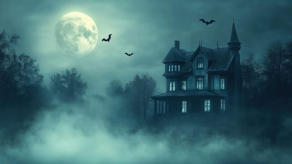 KI-generiertes Bild eines großen Wohnhauses im Nebel neben einem Vollmond und Fledermäusen.