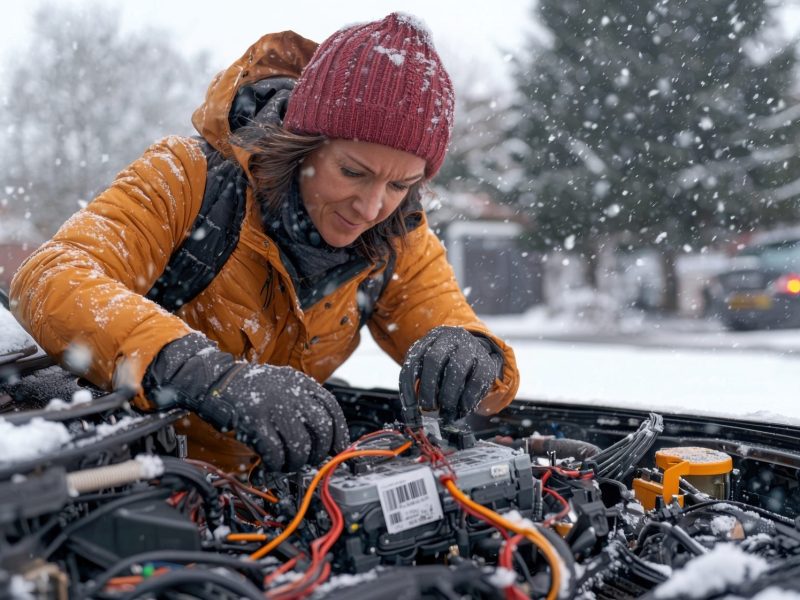 KI-generiertes Bild einer Frau, die sich Ã¼ber die geÃ¶ffnete Motorhaube eines Autos beugt und die Batterie Ã¼berprÃ¼ft. WÃ¤hrenddessen schneit es.