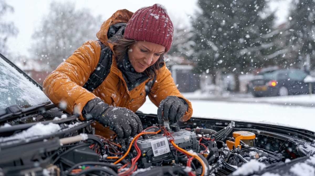 KI-generiertes Bild einer Frau, die sich Ã¼ber die geÃ¶ffnete Motorhaube eines Autos beugt und die Batterie Ã¼berprÃ¼ft. WÃ¤hrenddessen schneit es.