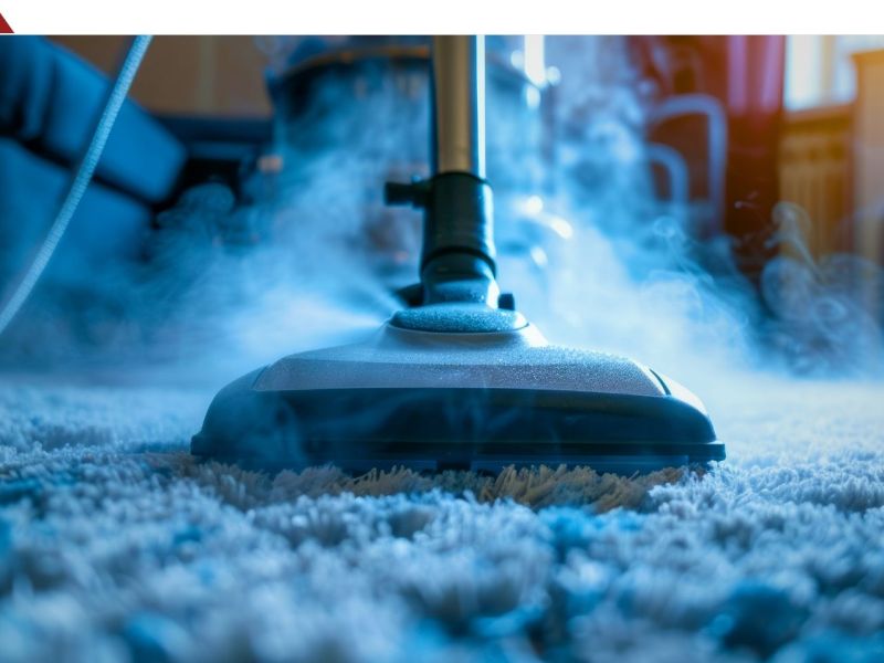 Person bearbeitet einen Teppich mit einem Dampfreiniger