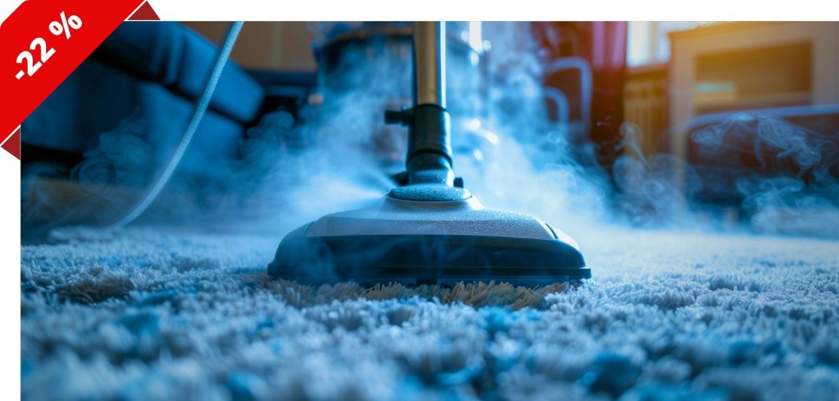 Person bearbeitet einen Teppich mit einem Dampfreiniger