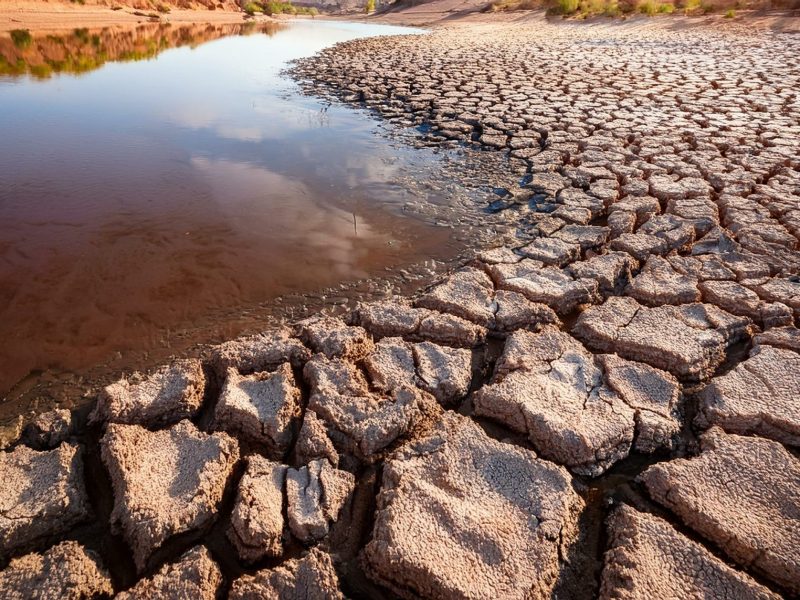 KI-generiertes Bild eines trockenen, aufgerissenen Bodens. Daneben ist eine kleine Menge Wasser zu sehen.