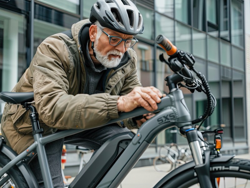 Ã„lterer Mann bearbeitet sein E-Bike