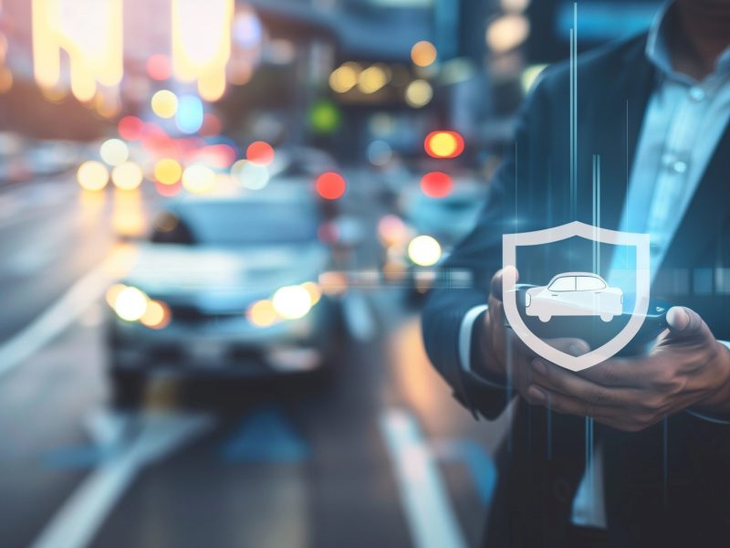 Man hält ein Smartphone in der Hand, darüber sieht man ein holografisches Emblem mit einem Auto umrahmt von einem Schutzschild.