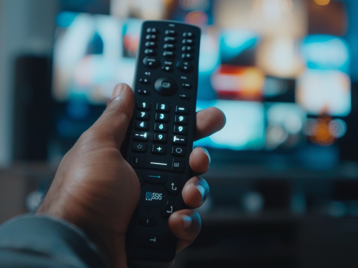 Person hält eine Fernbedienung vor einen Fernseher.