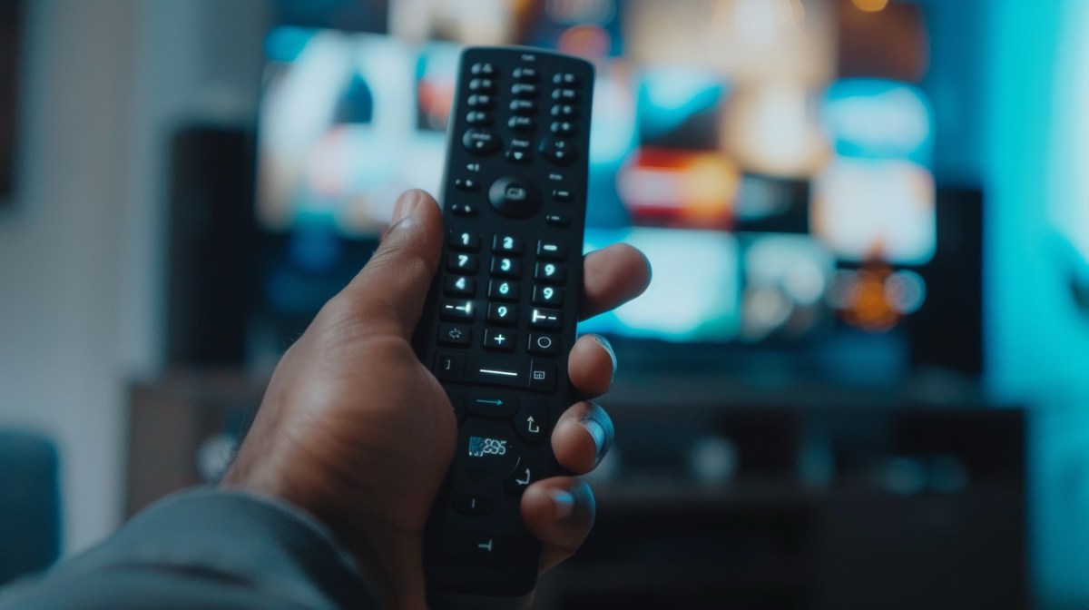 Person hÃ¤lt eine Fernbedienung vor einen Fernseher.